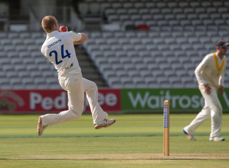 Leeds Bradford MCCU bowler Archie Ogden delivers at Lord's